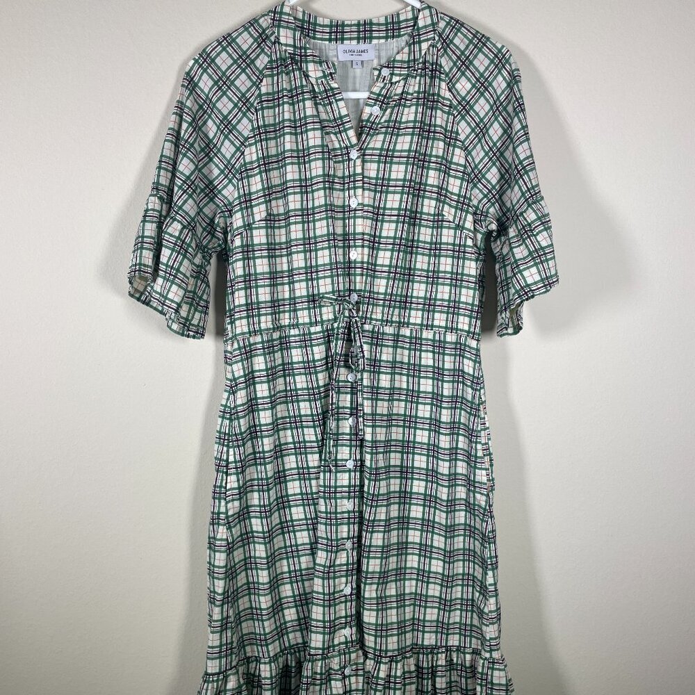 Olivia James the Label Women Short Bell Sleeve Plaid Green Button Front Dress Sm - Picture 1 of 6